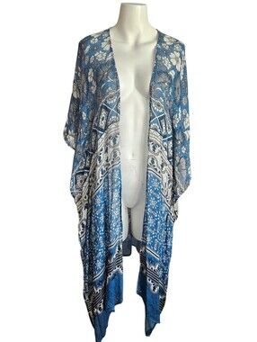 Nalini Boho Print Open Front Beachy Linen Blend Kimono OS Festival Cardigan